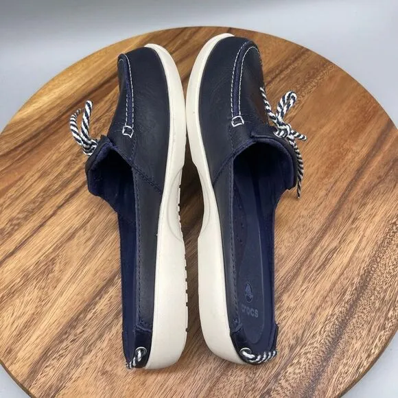 Crocs Mules Womens Size 10 Navy / Blue Leather Slip On Deck Boat Shoes 11816