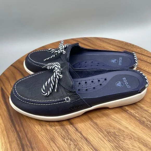 Crocs Mules Womens Size 10 Navy / Blue Leather Slip On Deck Boat Shoes 11816