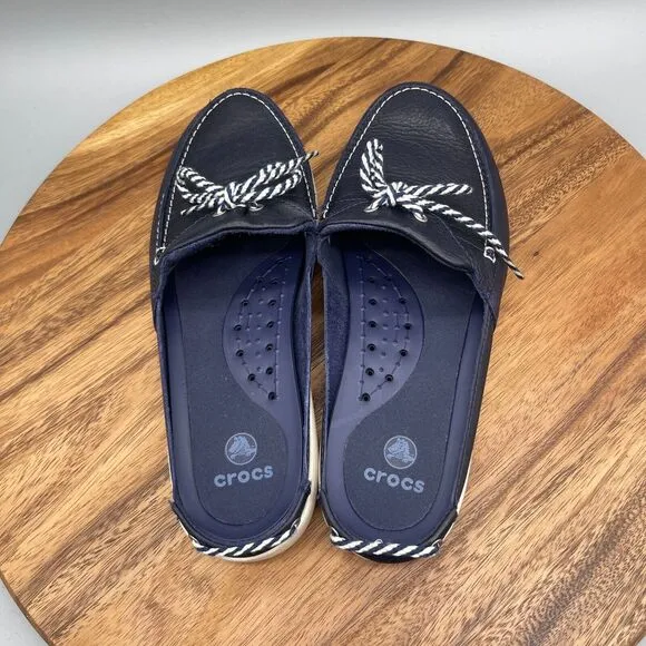 Crocs Mules Womens Size 10 Navy / Blue Leather Slip On Deck Boat Shoes 11816