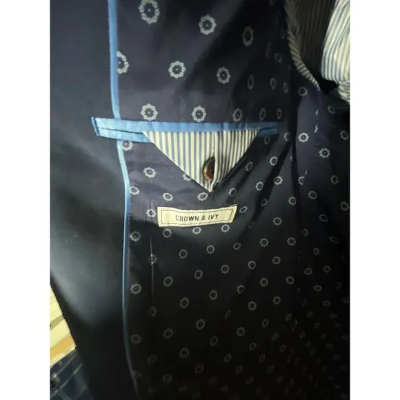 Crown &amp; Ivy Mens Suit Blazer Sport Coat Jacket Sz 40S Blue 2 Button Lined 2 Wool
