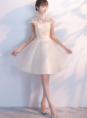 Cute Lace and Tulle Lovely Champagne Short Party Dress, Homecoming Dress