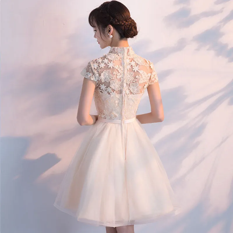 Cute Lace and Tulle Lovely Champagne Short Party Dress, Homecoming Dress
