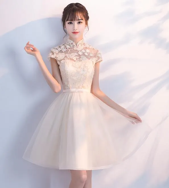 Cute Lace and Tulle Lovely Champagne Short Party Dress, Homecoming Dress