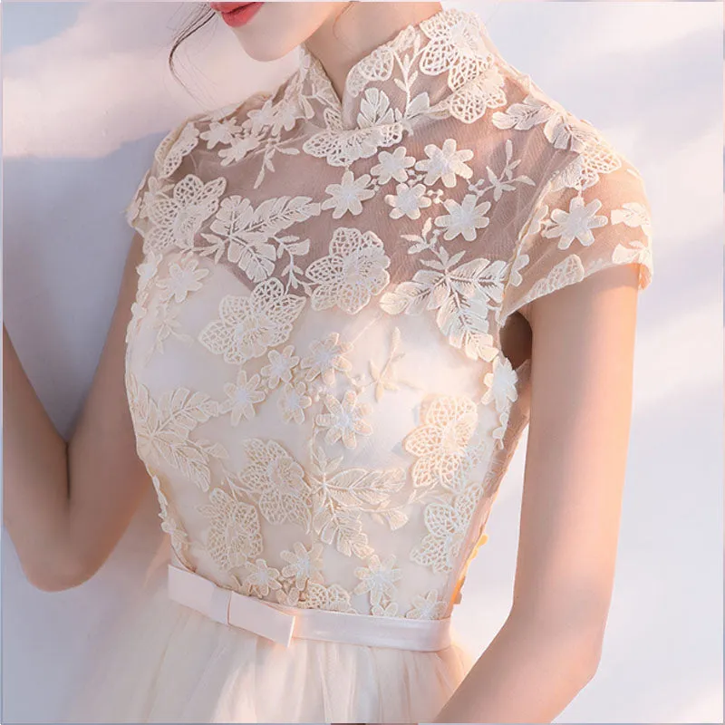 Cute Lace and Tulle Lovely Champagne Short Party Dress, Homecoming Dress