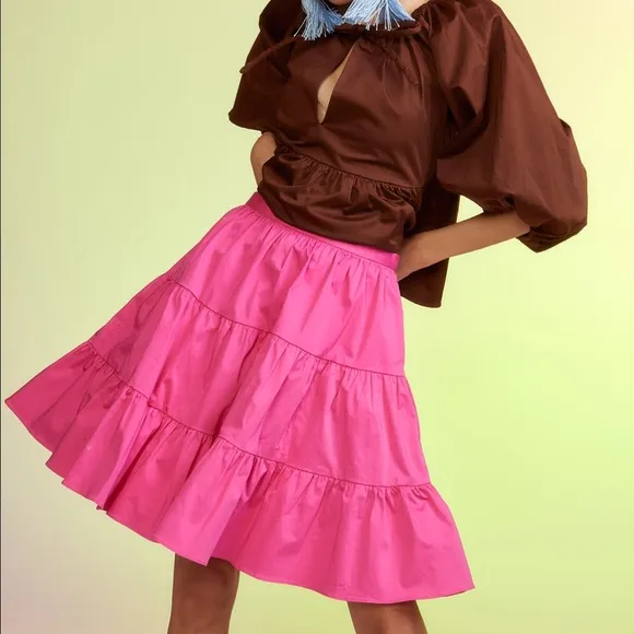 Cynthia Rowley Pink Tiered Cotton Skirt. Side Zip