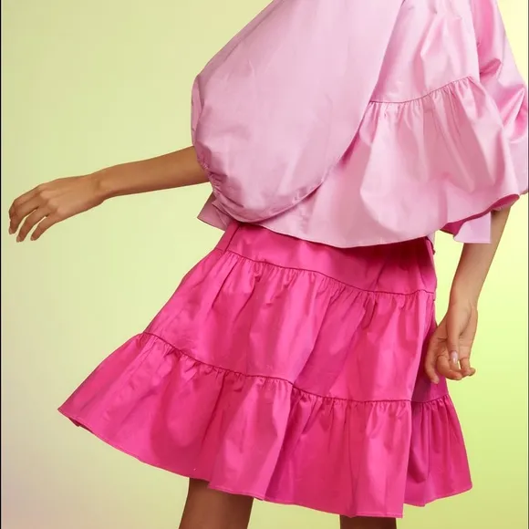 Cynthia Rowley Pink Tiered Cotton Skirt. Side Zip