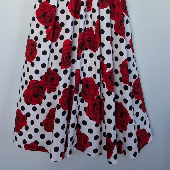Dainty Jewells Floral Polka Dot Maxi Dress ¾ Sleeve Full Skirt Red Black White S