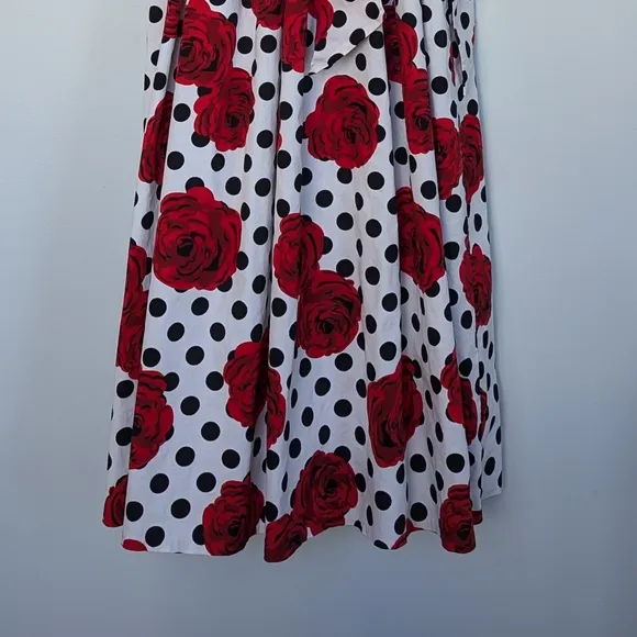 Dainty Jewells Floral Polka Dot Maxi Dress ¾ Sleeve Full Skirt Red Black White S