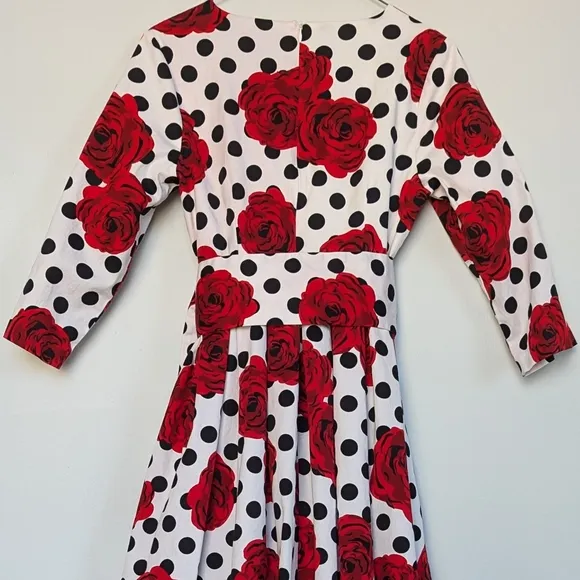 Dainty Jewells Floral Polka Dot Maxi Dress ¾ Sleeve Full Skirt Red Black White S