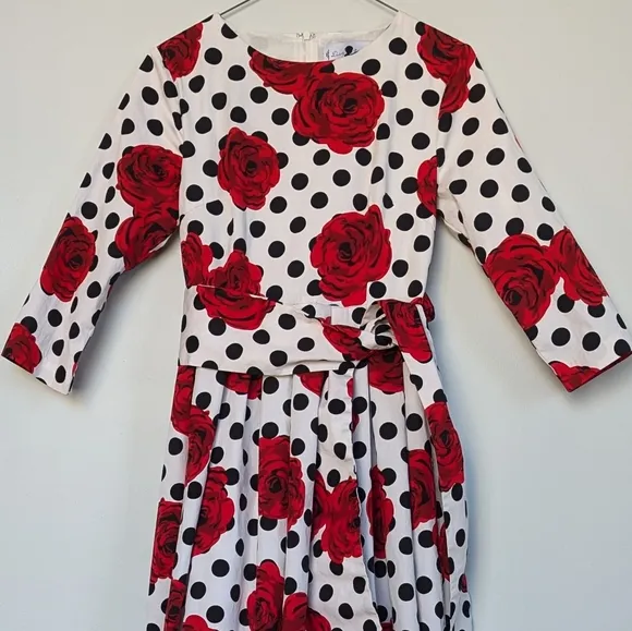Dainty Jewells Floral Polka Dot Maxi Dress ¾ Sleeve Full Skirt Red Black White S
