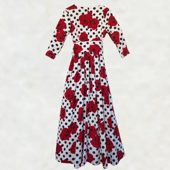 Dainty Jewells Floral Polka Dot Maxi Dress ¾ Sleeve Full Skirt Red Black White S