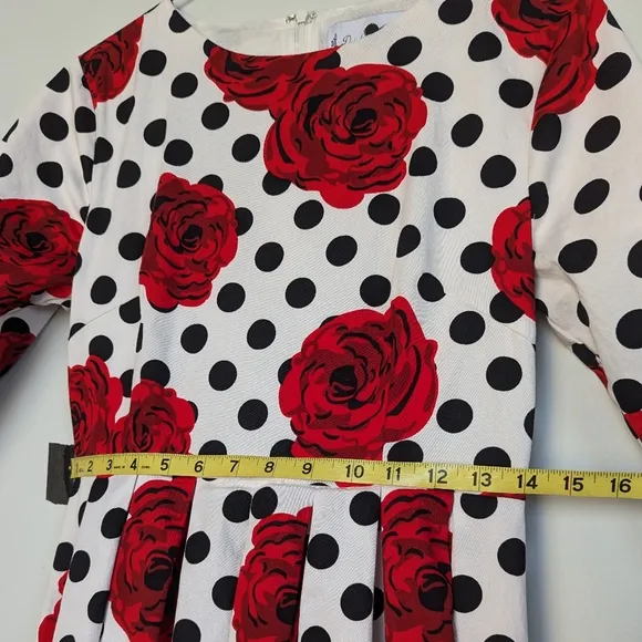Dainty Jewells Floral Polka Dot Maxi Dress ¾ Sleeve Full Skirt Red Black White S