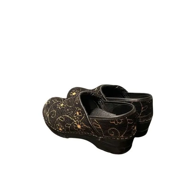 Dansco Black &amp; Gold Embroidered Floral Tapestry Women’s Slip On Clogs Shoes 37