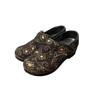 Dansco Black &amp; Gold Embroidered Floral Tapestry Women’s Slip On Clogs Shoes 37