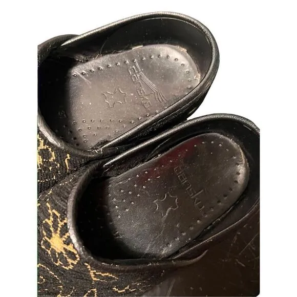 Dansco Black &amp; Gold Embroidered Floral Tapestry Women’s Slip On Clogs Shoes 37