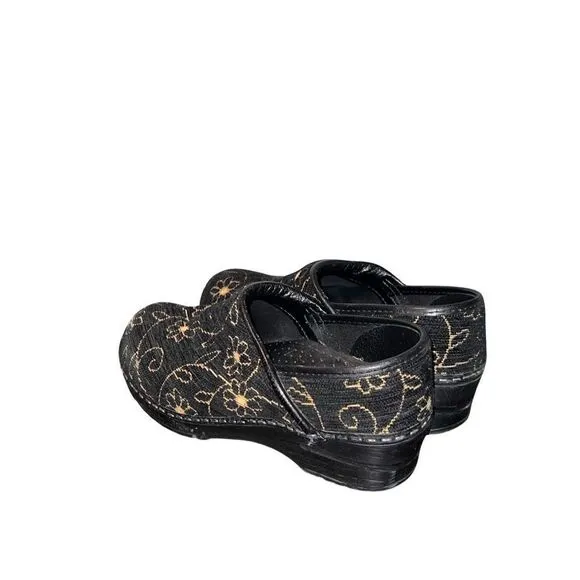 Dansco Black &amp; Gold Embroidered Floral Tapestry Women’s Slip On Clogs Shoes 37
