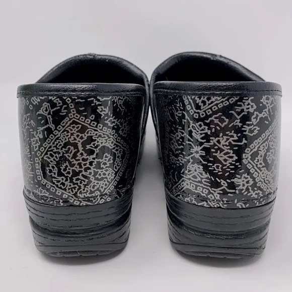 Dansko leather black silver floral professional clog 38