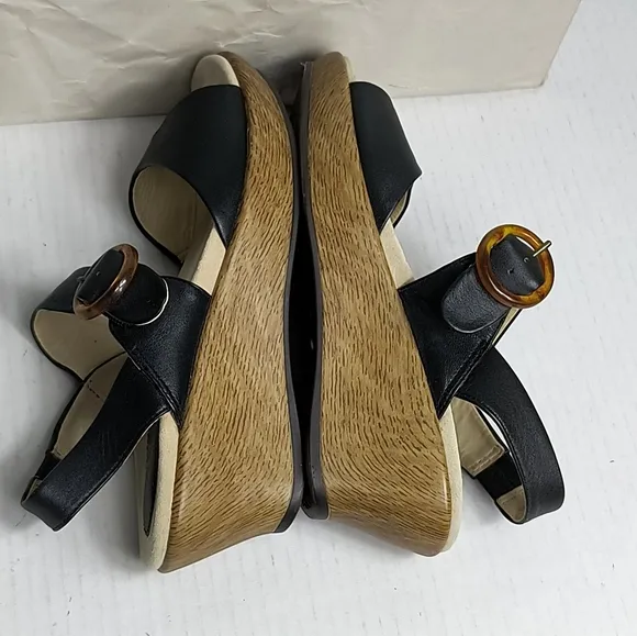 Dansko Wedges Slingback Sandals Size 36/5.5-6 Black Faux Tortoise Buckle