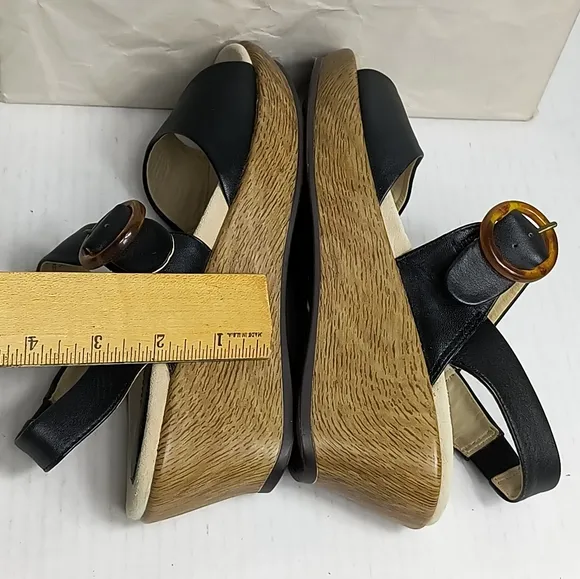 Dansko Wedges Slingback Sandals Size 36/5.5-6 Black Faux Tortoise Buckle