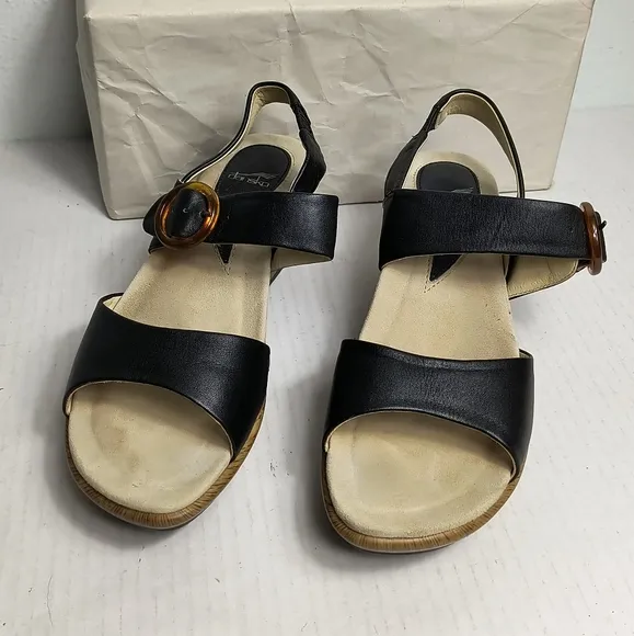 Dansko Wedges Slingback Sandals Size 36/5.5-6 Black Faux Tortoise Buckle