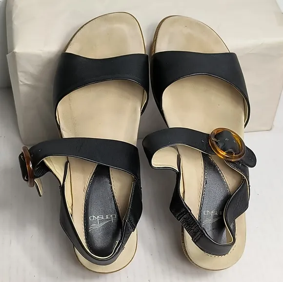 Dansko Wedges Slingback Sandals Size 36/5.5-6 Black Faux Tortoise Buckle