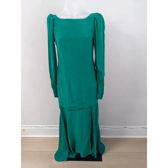 De La Vali Size 10 Maxi Shift Dress Emerald Green Boat Neck Puff Long Sleeves