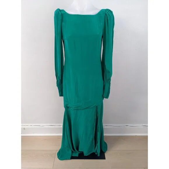 De La Vali Size 10 Maxi Shift Dress Emerald Green Boat Neck Puff Long Sleeves