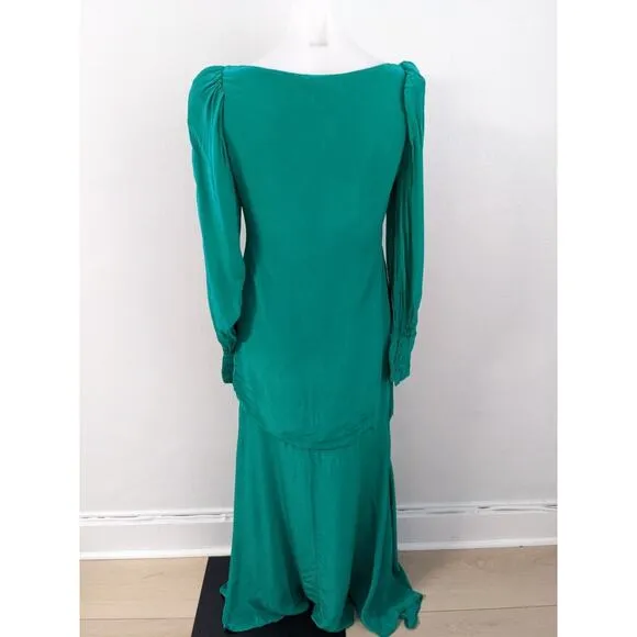 De La Vali Size 10 Maxi Shift Dress Emerald Green Boat Neck Puff Long Sleeves