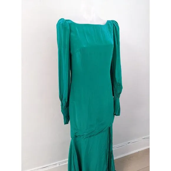De La Vali Size 10 Maxi Shift Dress Emerald Green Boat Neck Puff Long Sleeves
