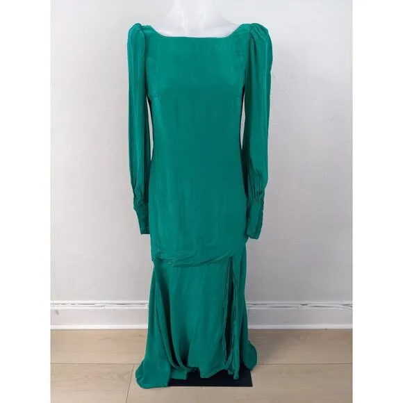 De La Vali Size 10 Maxi Shift Dress Emerald Green Boat Neck Puff Long Sleeves