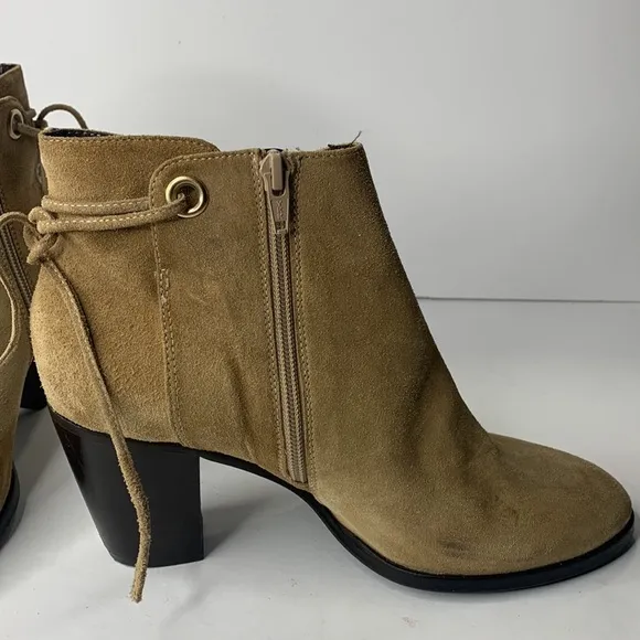 Dee Keller tan suede heel tie ankle booties