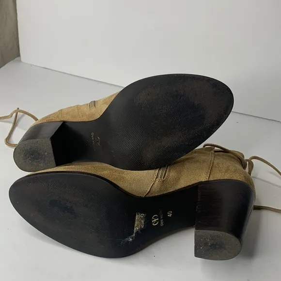 Dee Keller tan suede heel tie ankle booties