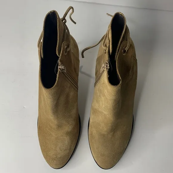 Dee Keller tan suede heel tie ankle booties