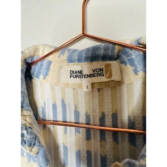 DIANE VON FURSTENBERG Blue Printed Shift Shirt Collar Neck Beata Dress Size 2