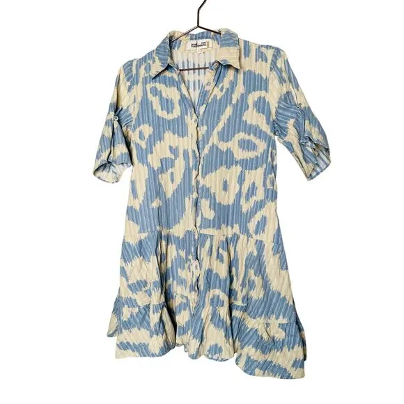 DIANE VON FURSTENBERG Blue Printed Shift Shirt Collar Neck Beata Dress Size 2