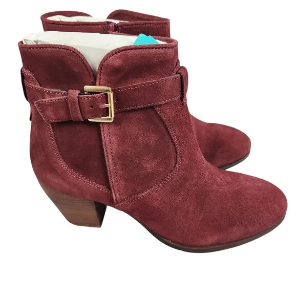 Diba Womens Burgundy Suede Leather Ankle Boots Size 9 With Block Heels &amp; Buckle
