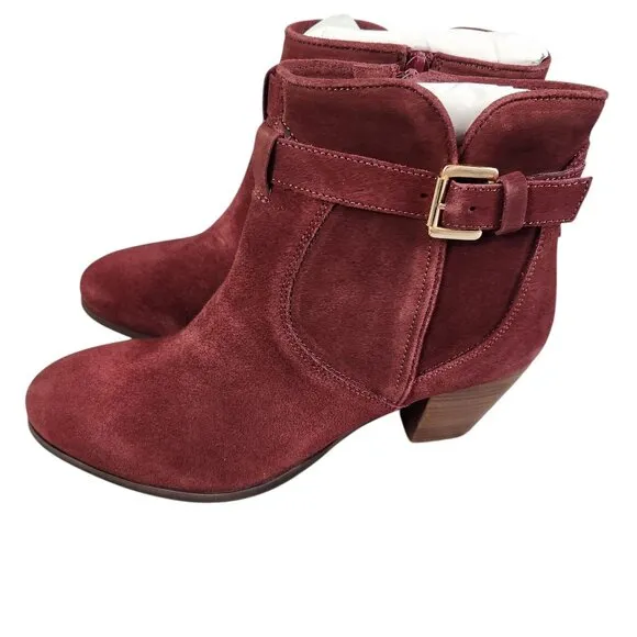 Diba Womens Burgundy Suede Leather Ankle Boots Size 9 With Block Heels &amp; Buckle