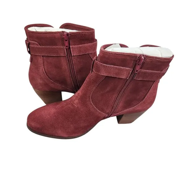 Diba Womens Burgundy Suede Leather Ankle Boots Size 9 With Block Heels &amp; Buckle