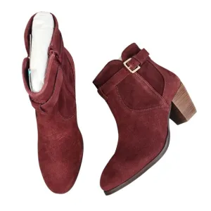 Diba Womens Burgundy Suede Leather Ankle Boots Size 9 With Block Heels &amp; Buckle