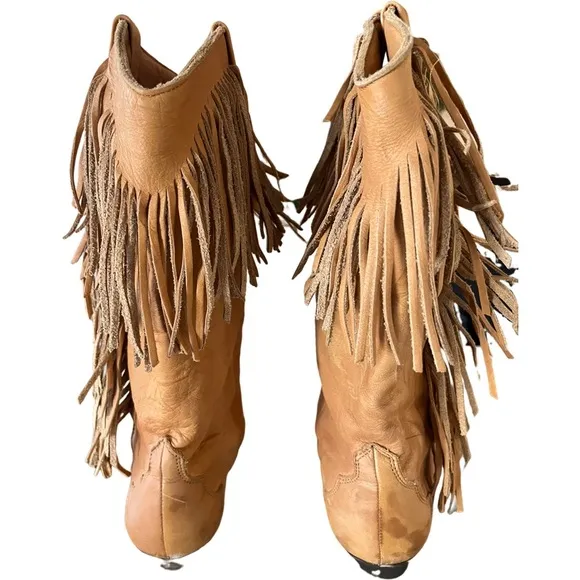 Dingo Tan Leather Fringe Boots Womens Size 6 M Festival Western