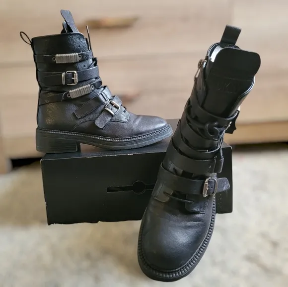 DKNY Black Buckled Side Zip Boots