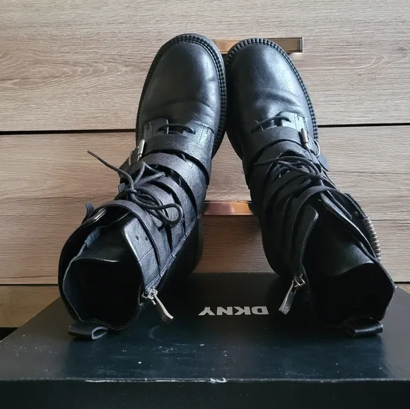 DKNY Black Buckled Side Zip Boots