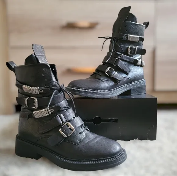 DKNY Black Buckled Side Zip Boots