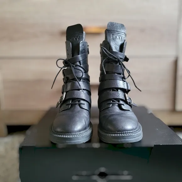 DKNY Black Buckled Side Zip Boots