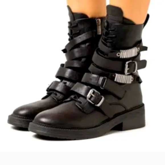 DKNY Black Buckled Side Zip Boots