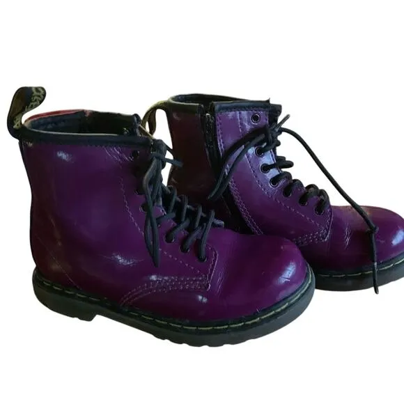 Doc marten children kids purple patent leather boots shoes w zip up side Sz 10