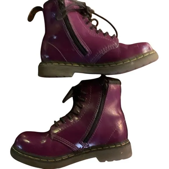 Doc marten children kids purple patent leather boots shoes w zip up side Sz 10