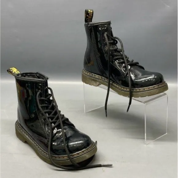 Doc Martens Kids Black Patent Leather Laced Side Zip Boots Size 3