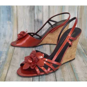 Donald J Pliner Palmor Red Patent Floral Wedges Size 9.5 Slingback Heels NICE