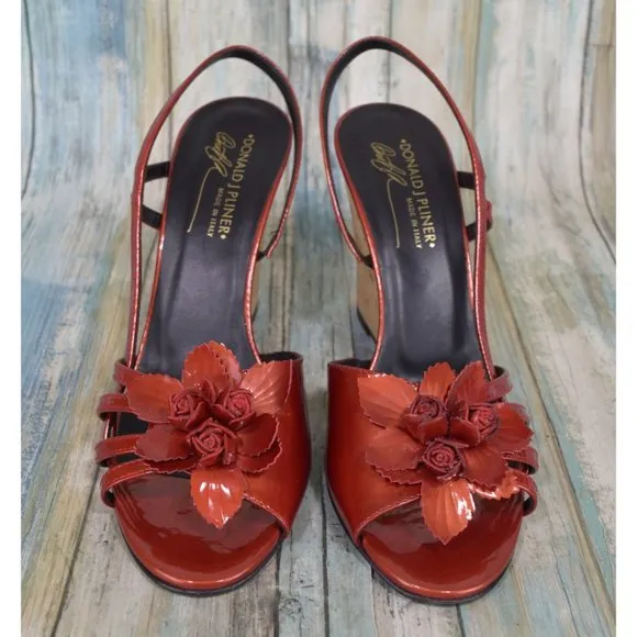 Donald J Pliner Palmor Red Patent Floral Wedges Size 9.5 Slingback Heels NICE